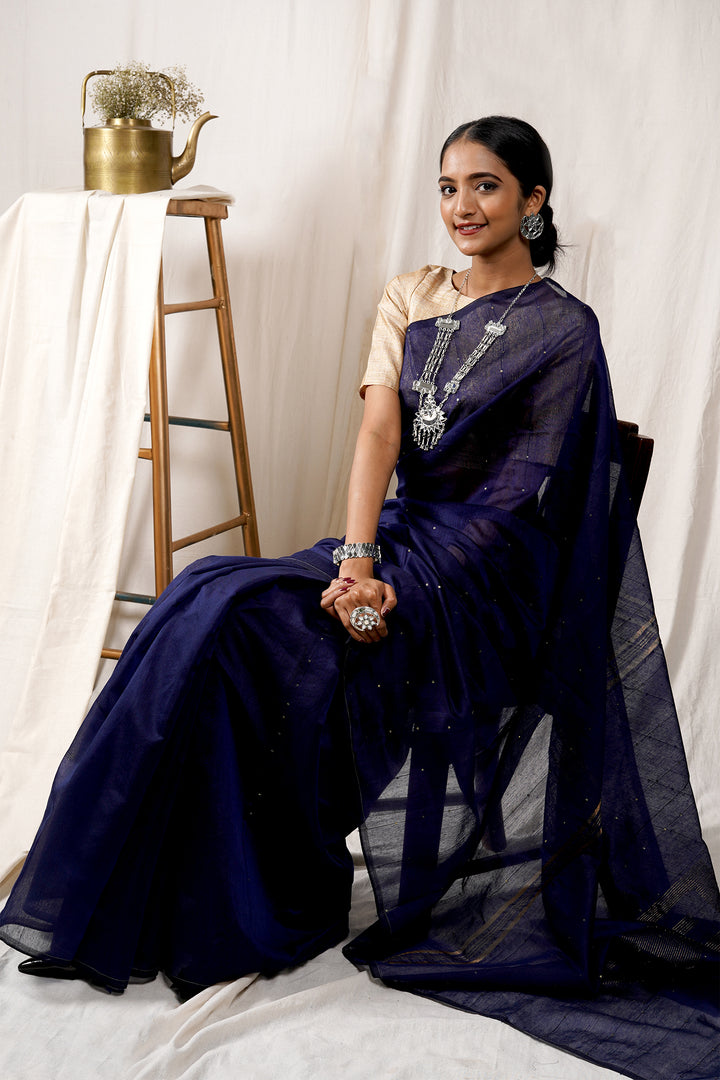 Teejh Indigo Blue Box Handloom Sequin Saree