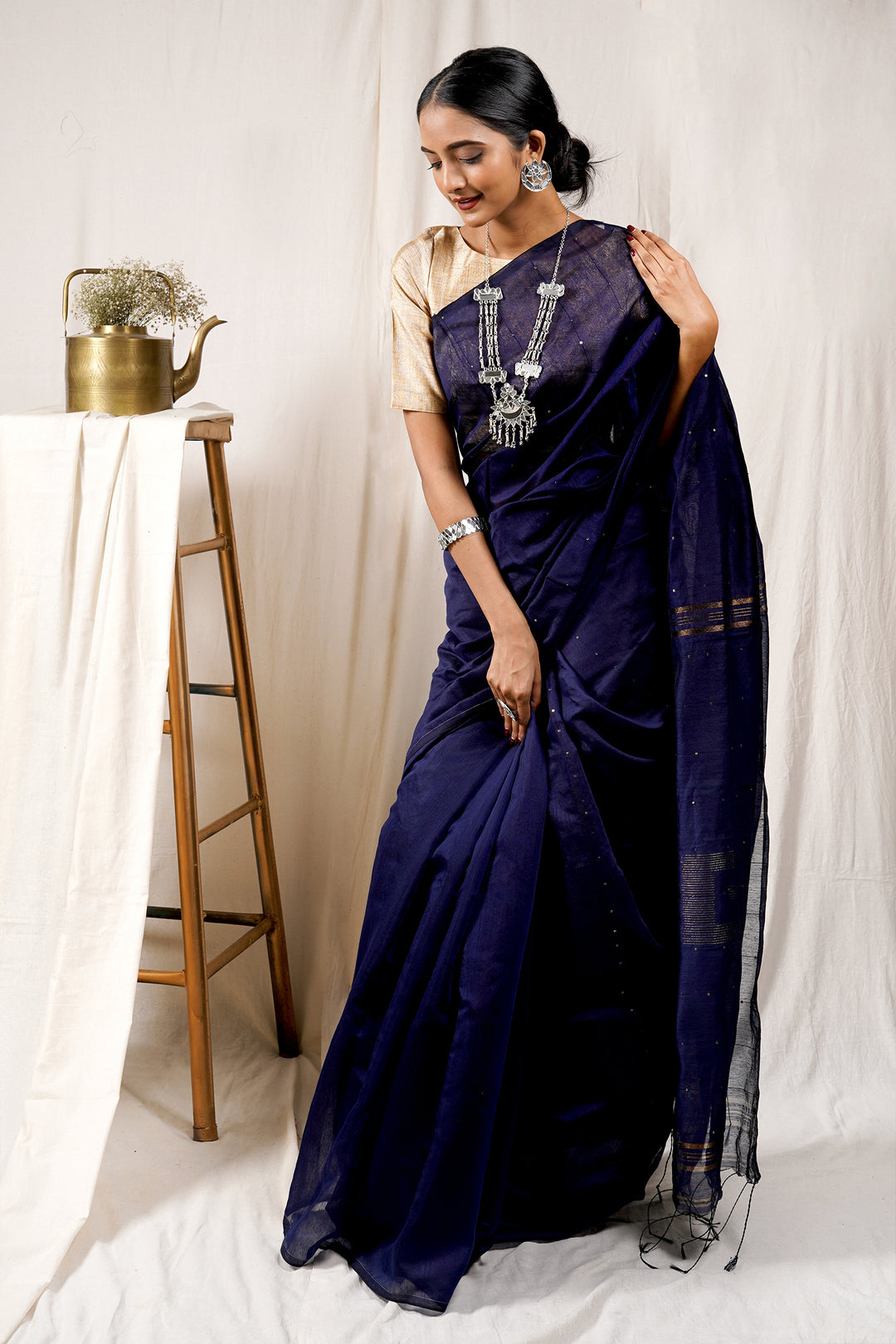 Teejh Indigo Blue Box Handloom Sequin Saree