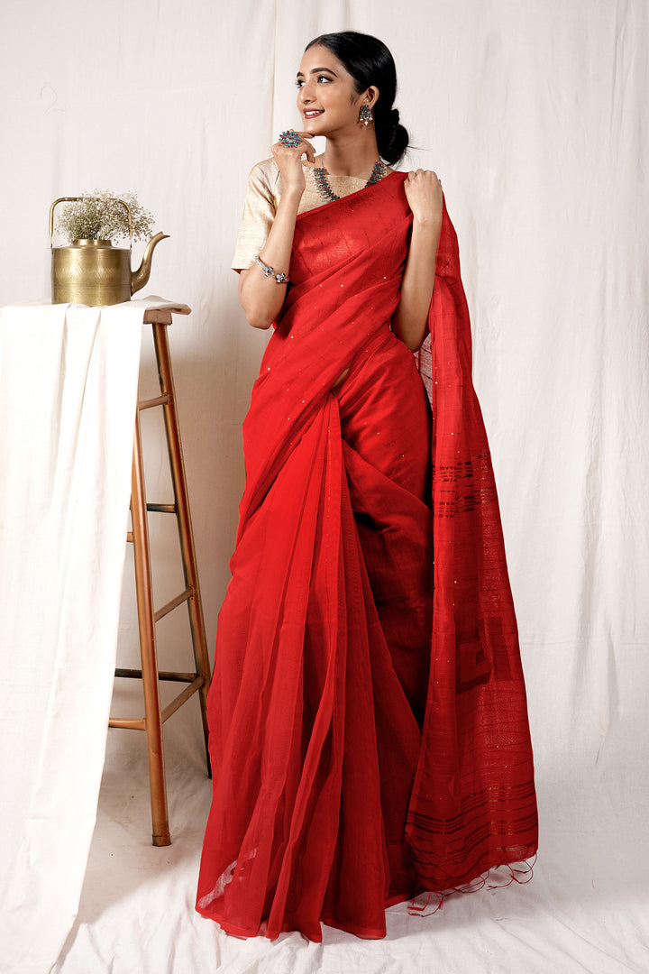 Teejh Rosy Red Handloom Box Sequin Saree