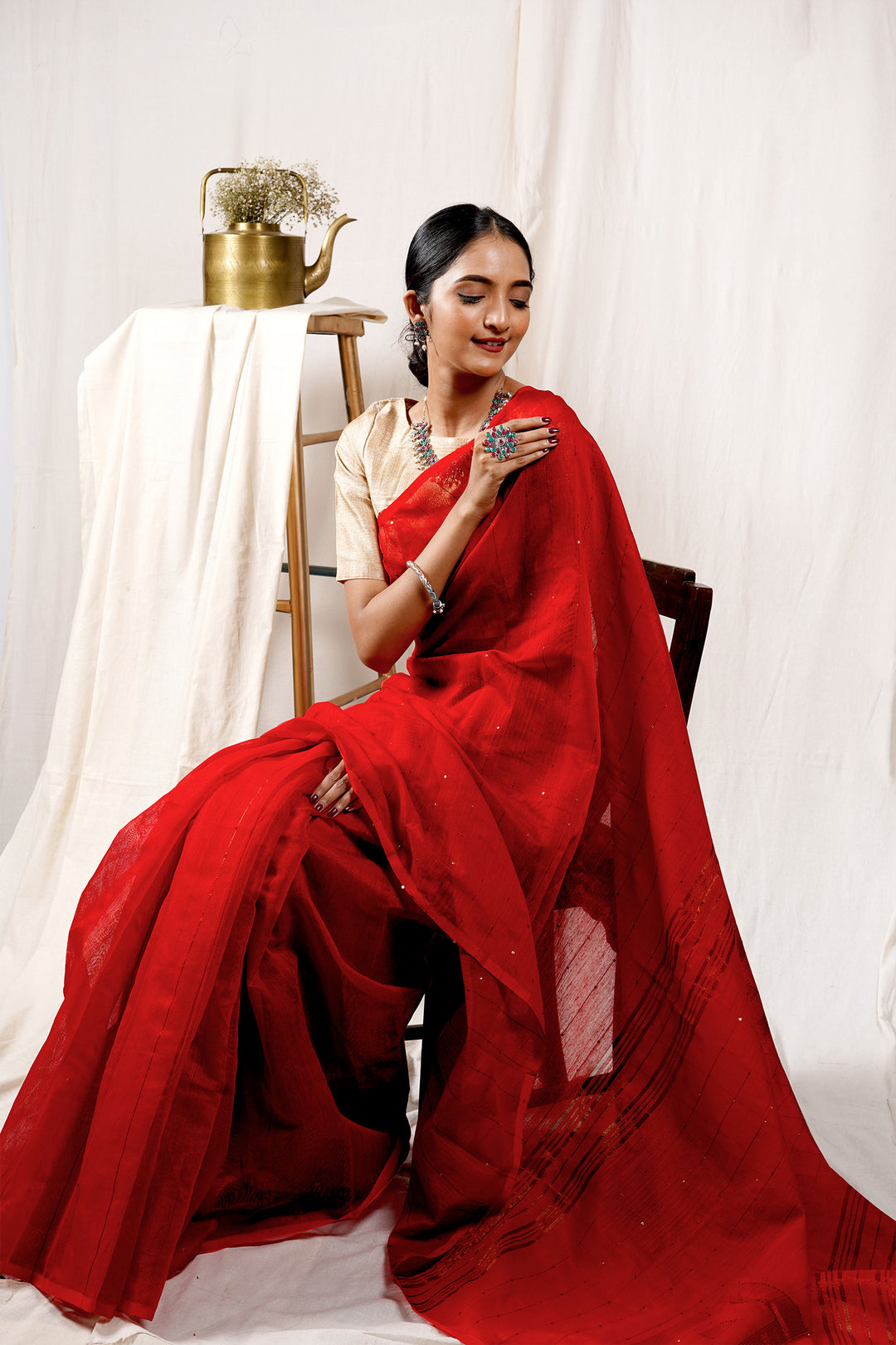 Teejh Rosy Red Handloom Box Sequin Saree