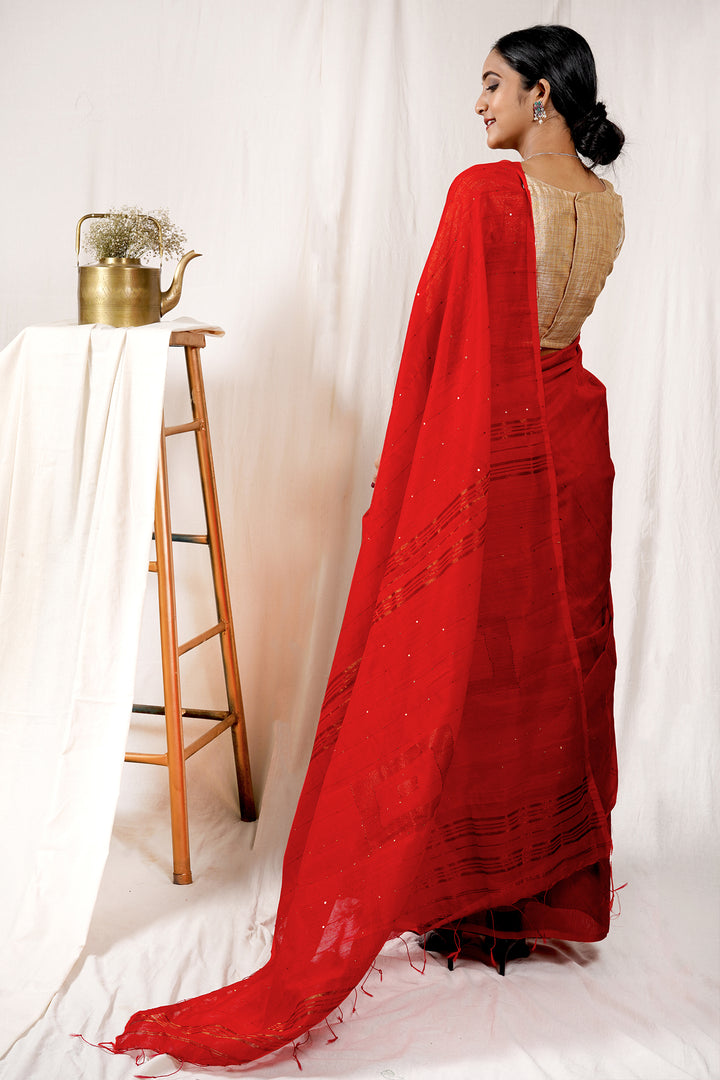 Teejh Rosy Red Handloom Box Sequin Saree