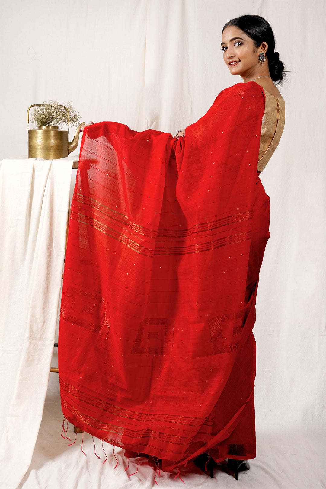 Teejh Rosy Red Handloom Box Sequin Saree