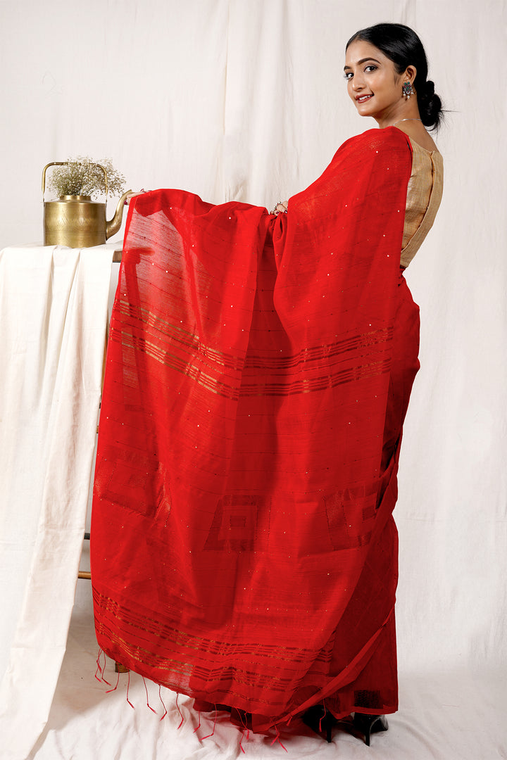 Teejh Rosy Red Handloom Box Sequin Saree