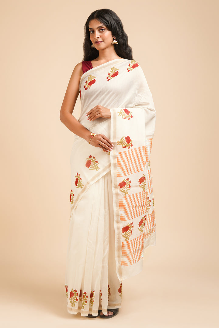 Teejh Ojaswini Red and Green Block Print Chanderi Silk Saree