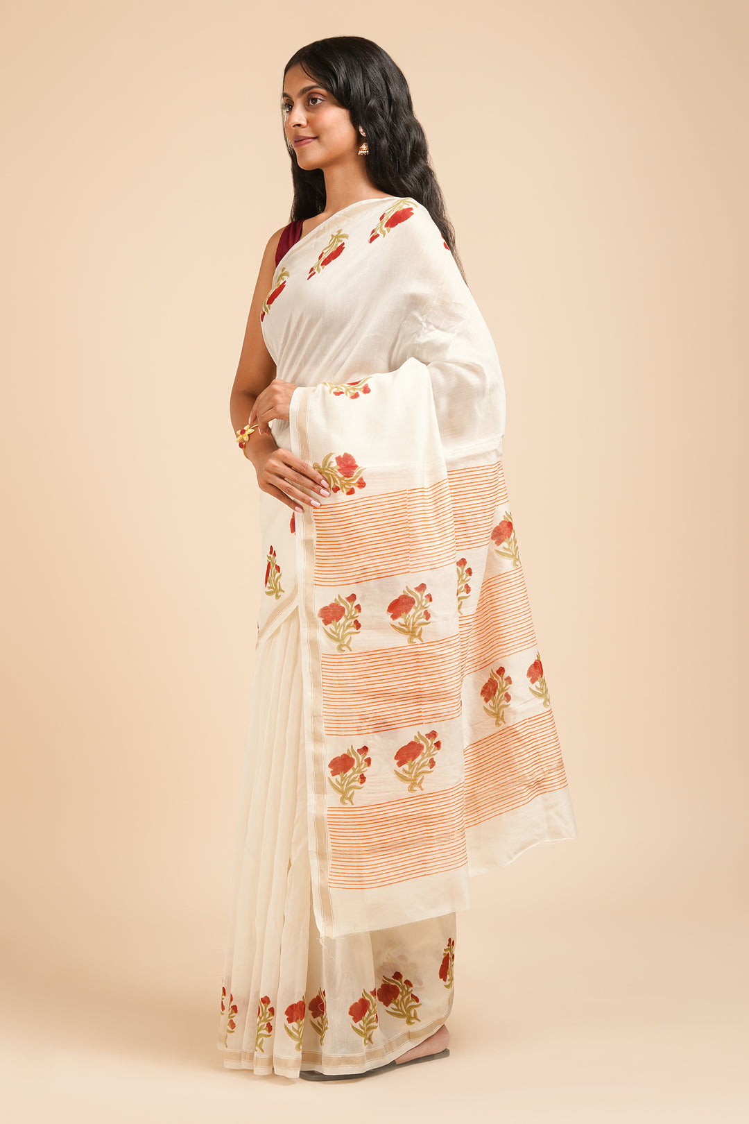 Teejh Ojaswini Red and Green Block Print Chanderi Silk Saree