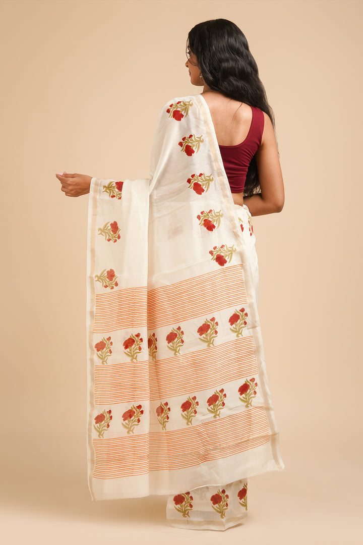 Teejh Ojaswini Red and Green Block Print Chanderi Silk Saree