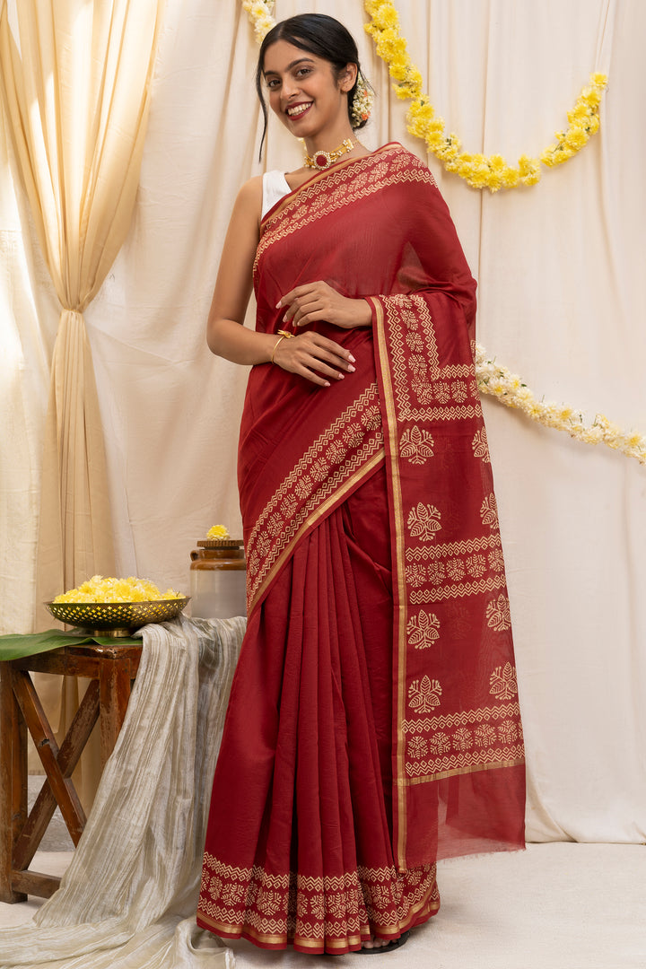 Teejh Dipped In Red Dark Red Block Print Chanderi Silk Saree