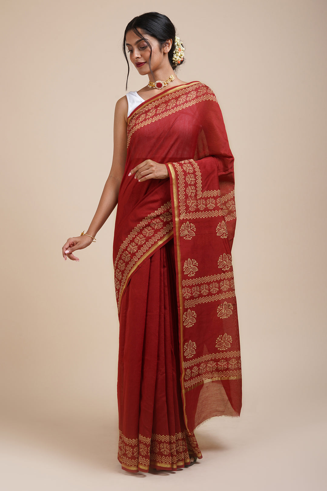 Teejh Dipped In Red Dark Red Block Print Chanderi Silk Saree
