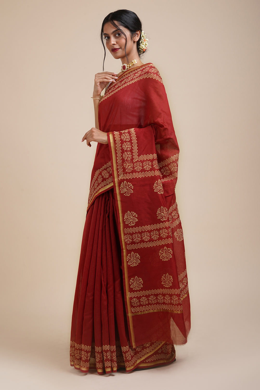 Teejh Dipped In Red Dark Red Block Print Chanderi Silk Saree