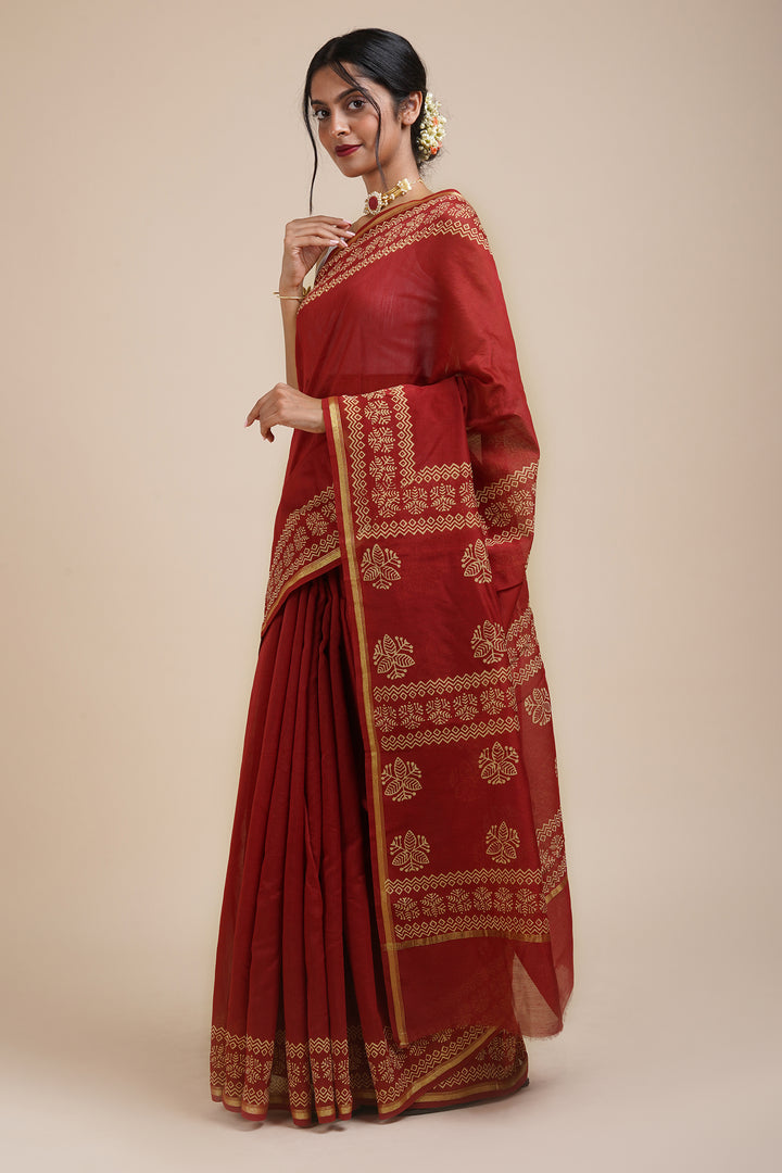 Teejh Dipped In Red Dark Red Block Print Chanderi Silk Saree