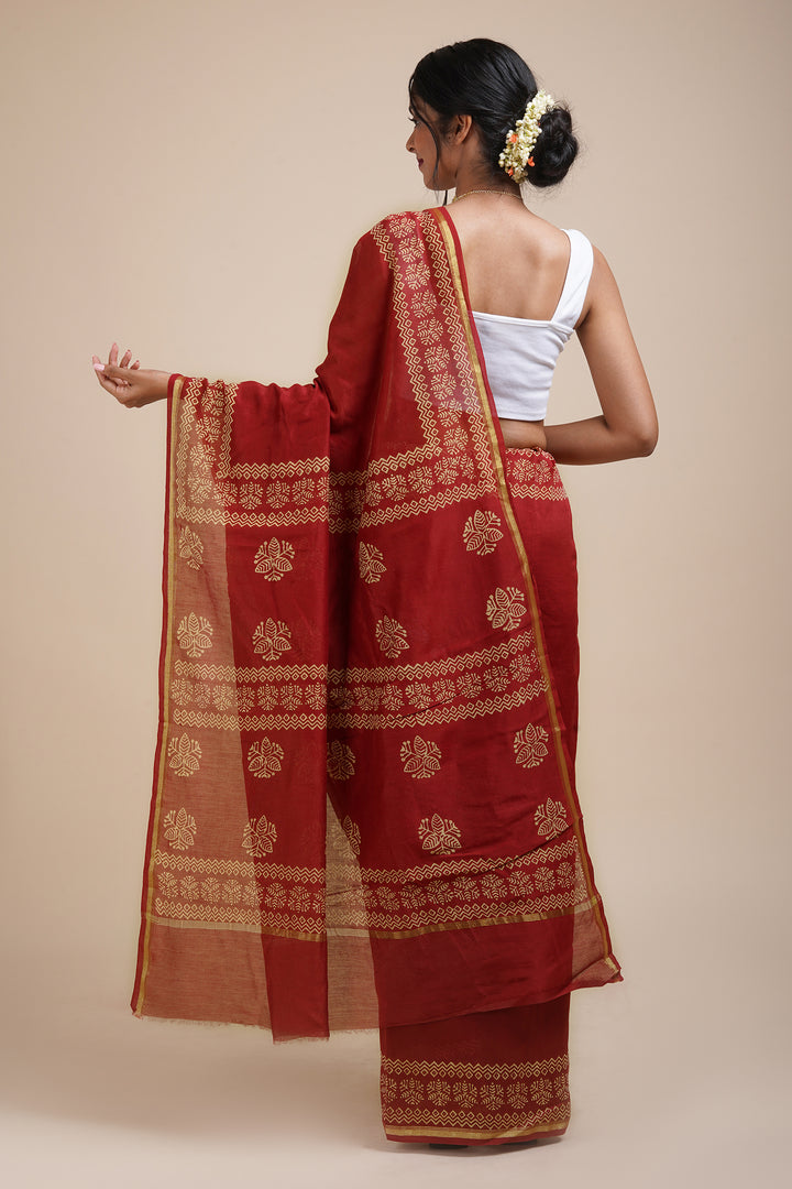 Teejh Dipped In Red Dark Red Block Print Chanderi Silk Saree