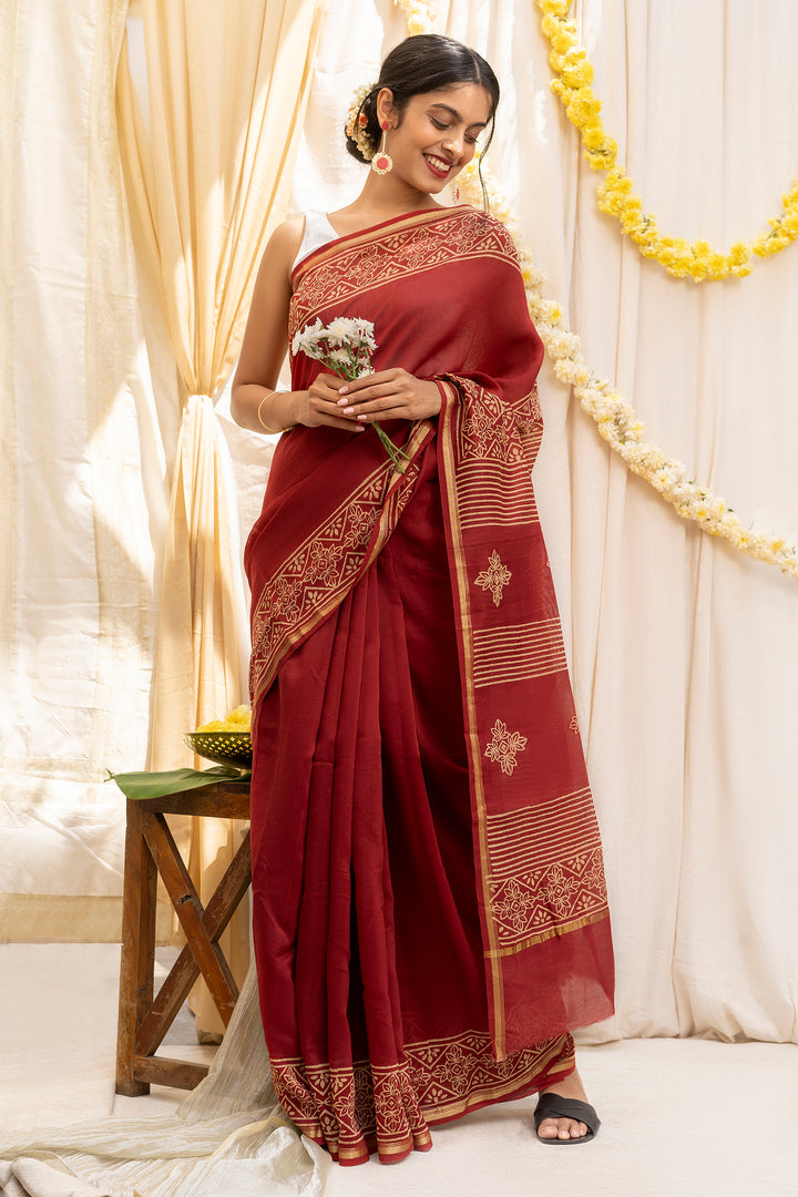 Teejh Dil Khush Dark Red Block Print Chanderi Silk Saree