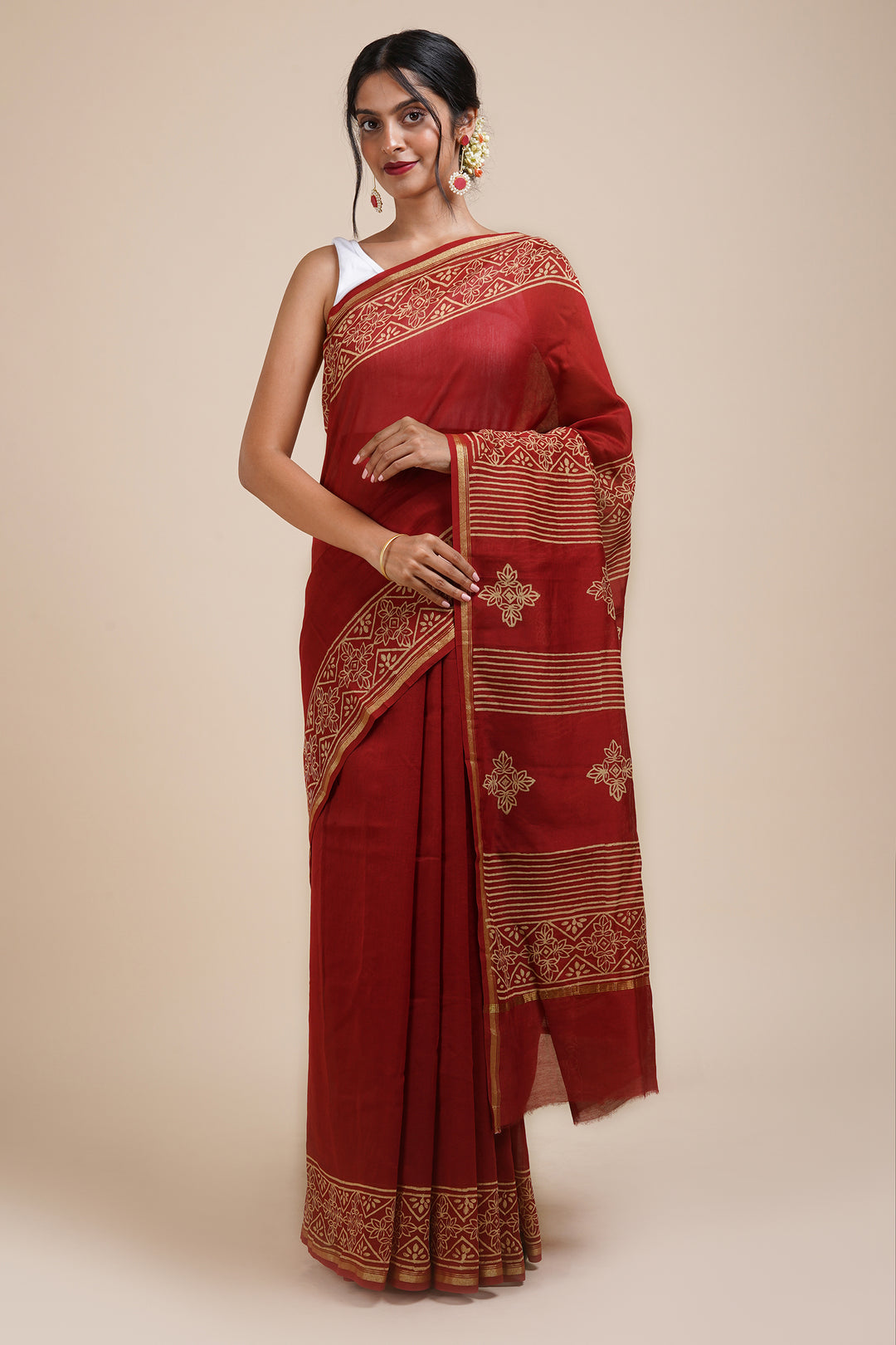 Teejh Dil Khush Dark Red Block Print Chanderi Silk Saree