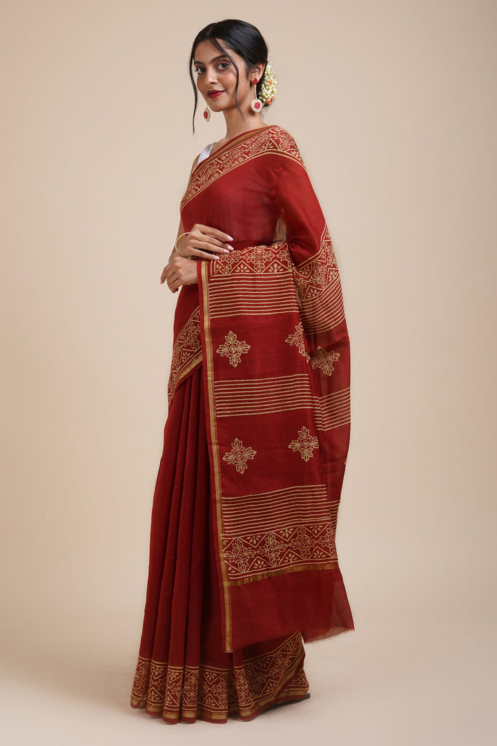 Teejh Dil Khush Dark Red Block Print Chanderi Silk Saree