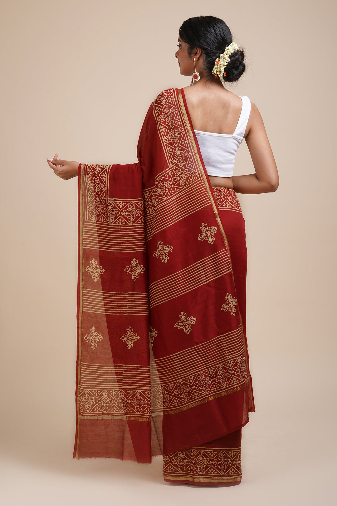 Teejh Dil Khush Dark Red Block Print Chanderi Silk Saree