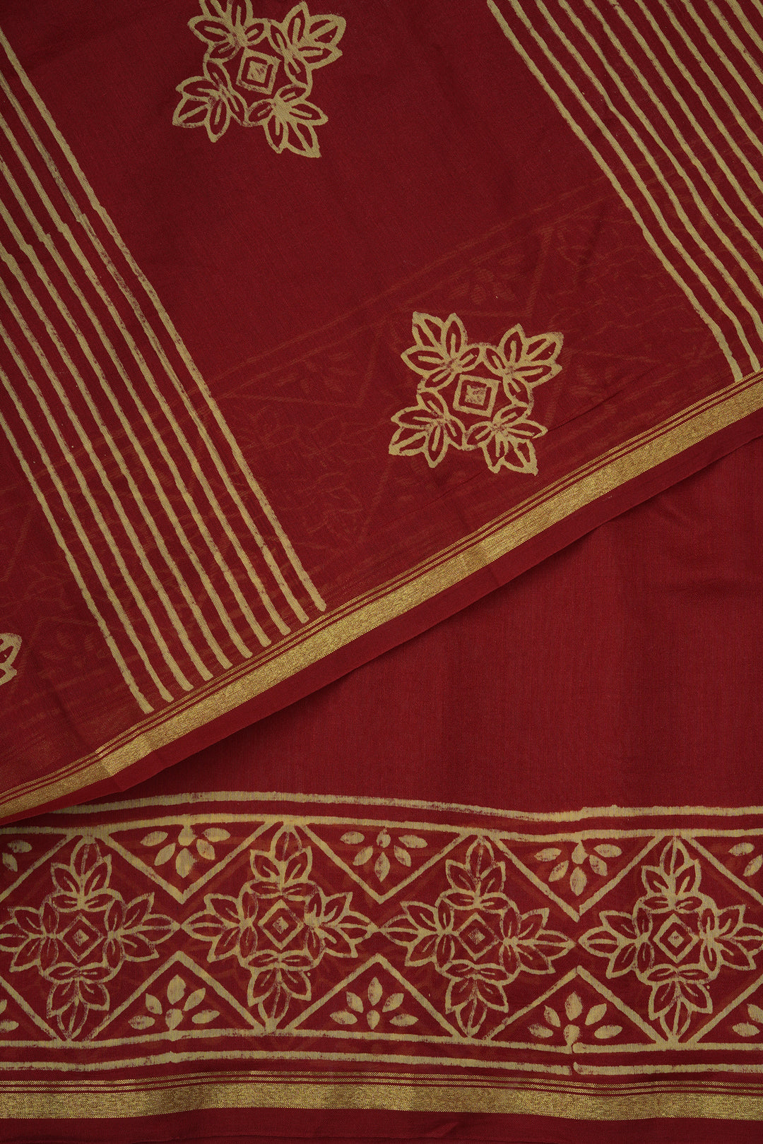 Teejh Dil Khush Dark Red Block Print Chanderi Silk Saree
