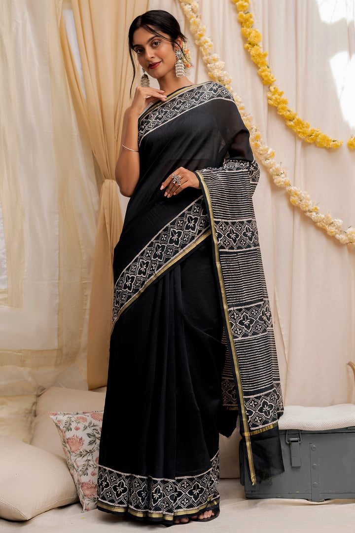 Teejh Into the Night Black Block Print Chanderi Silk Saree