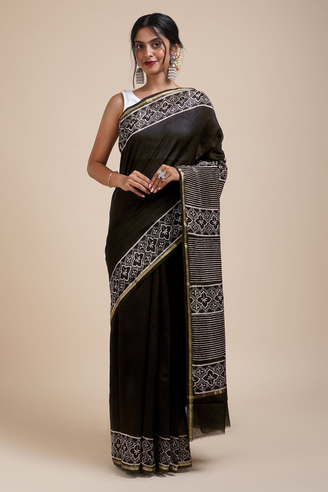 Teejh Into the Night Black Block Print Chanderi Silk Saree