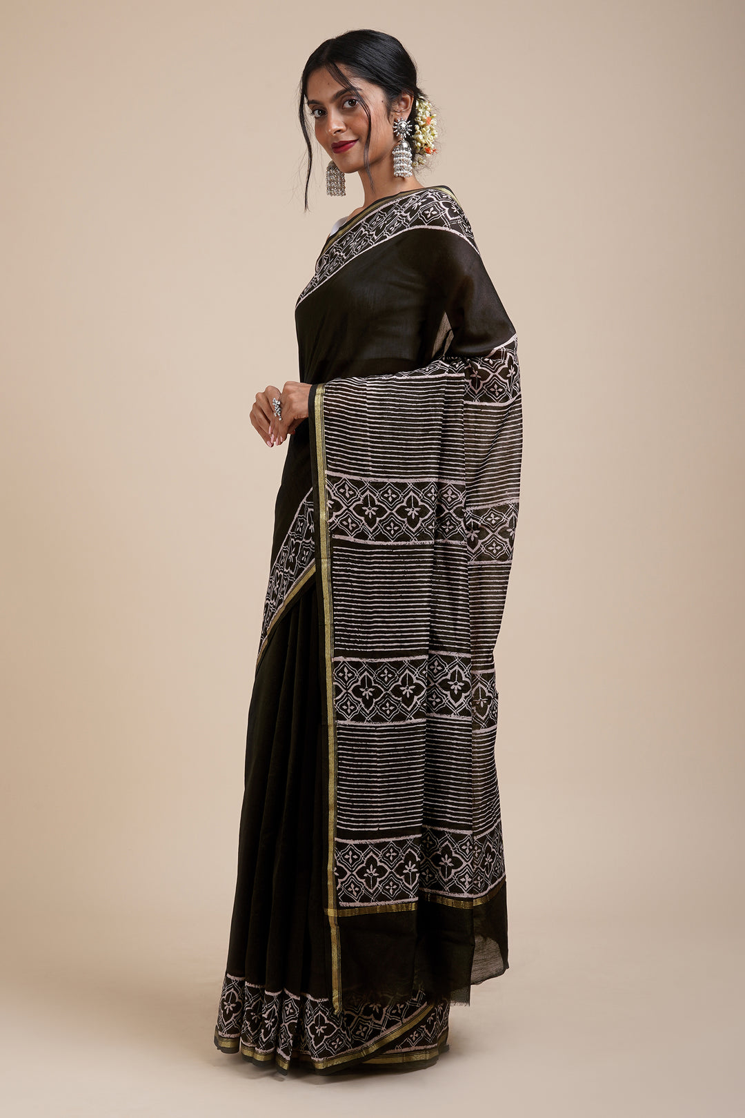 Teejh Into the Night Black Block Print Chanderi Silk Saree