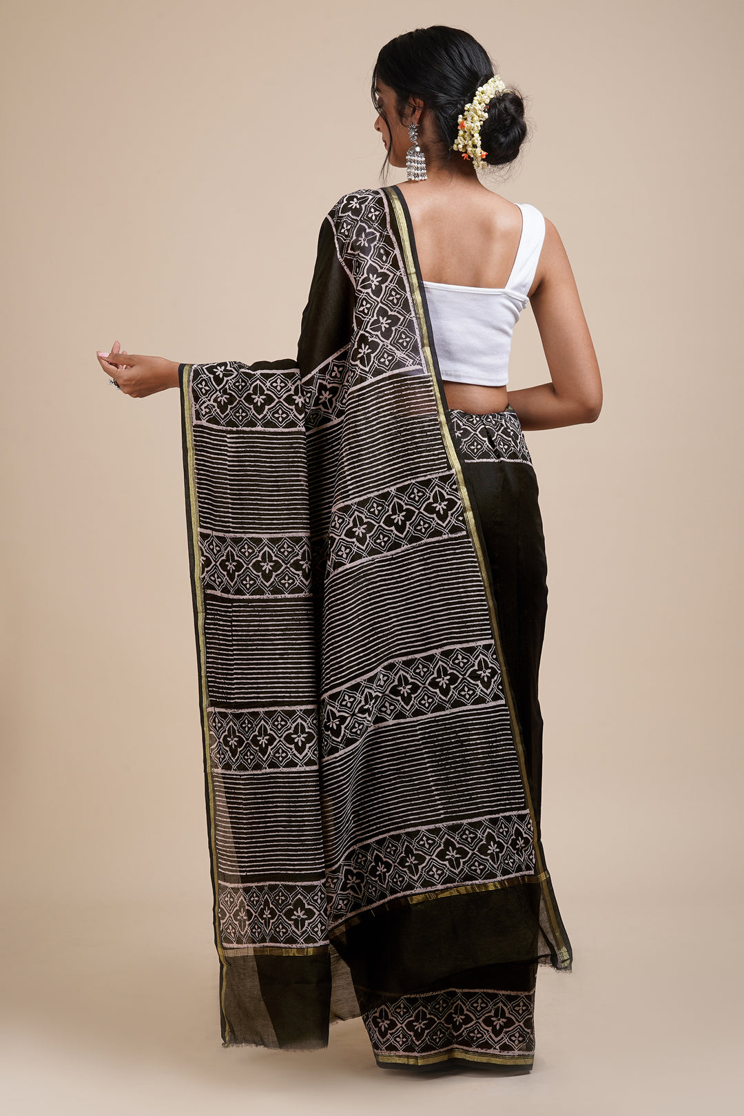 Teejh Into the Night Black Block Print Chanderi Silk Saree