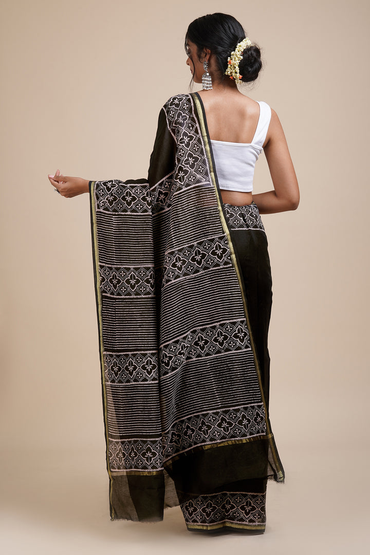 Teejh Into the Night Black Block Print Chanderi Silk Saree