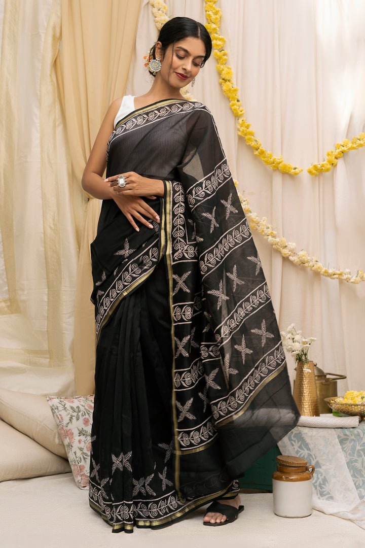 Teejh Raat ki Rani Black Block Print Chanderi Silk Saree