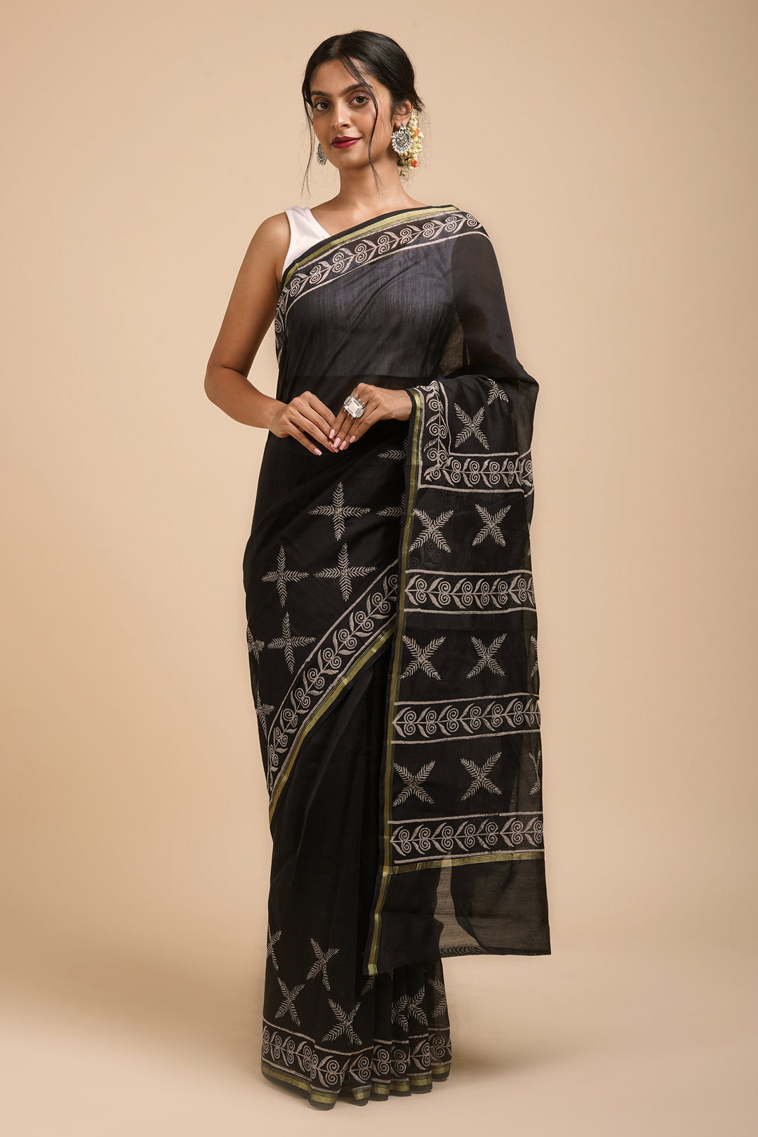 Teejh Raat ki Rani Black Block Print Chanderi Silk Saree