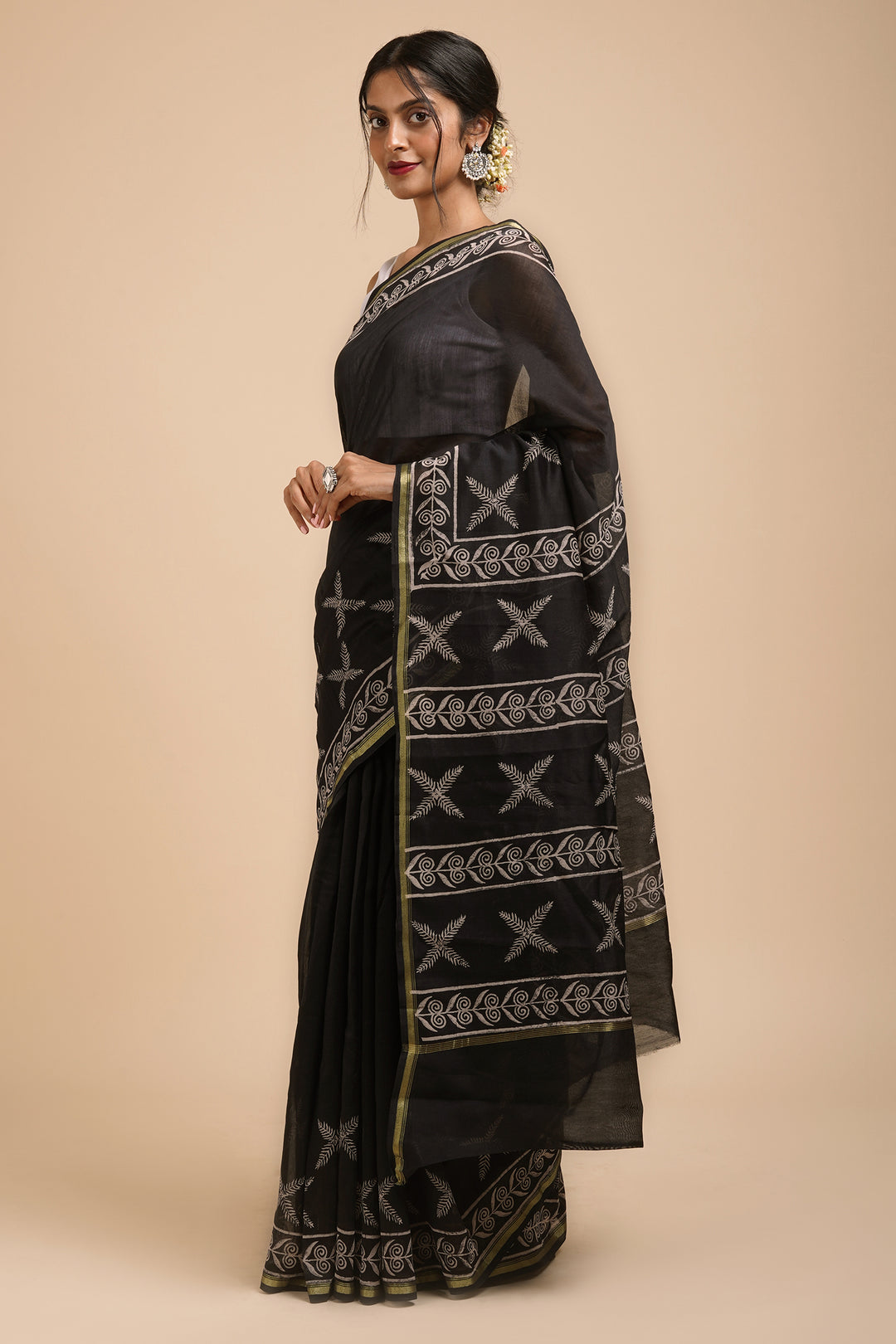 Teejh Raat ki Rani Black Block Print Chanderi Silk Saree