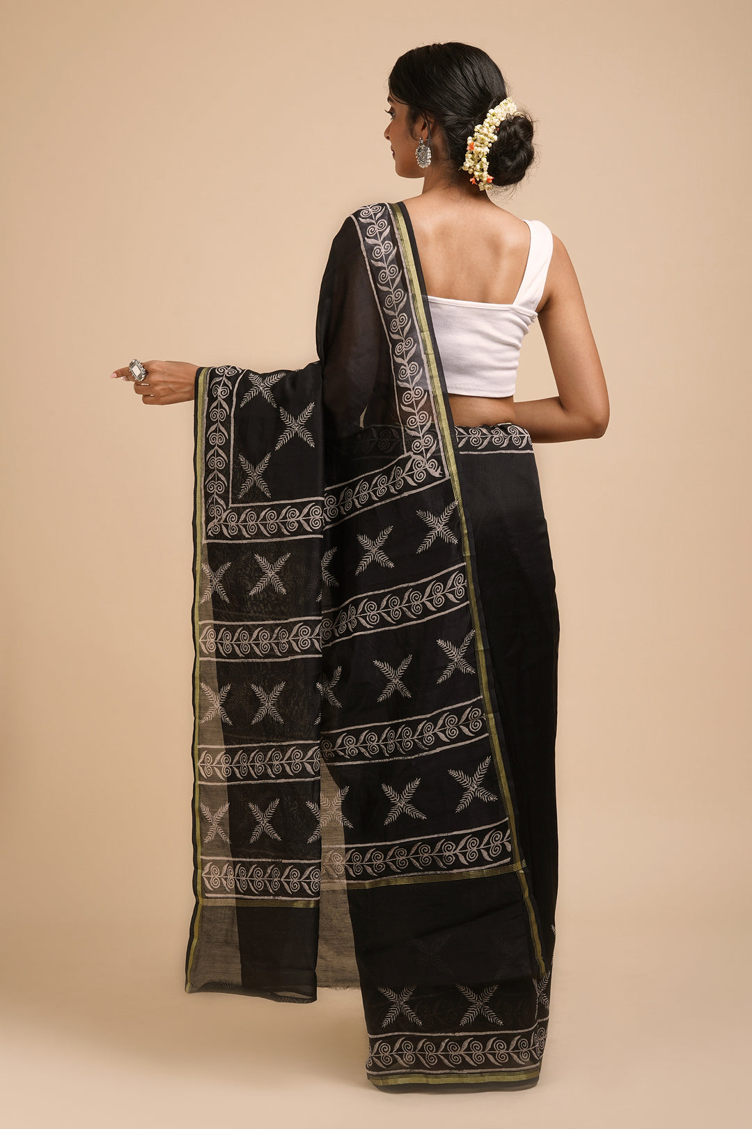 Teejh Raat ki Rani Black Block Print Chanderi Silk Saree