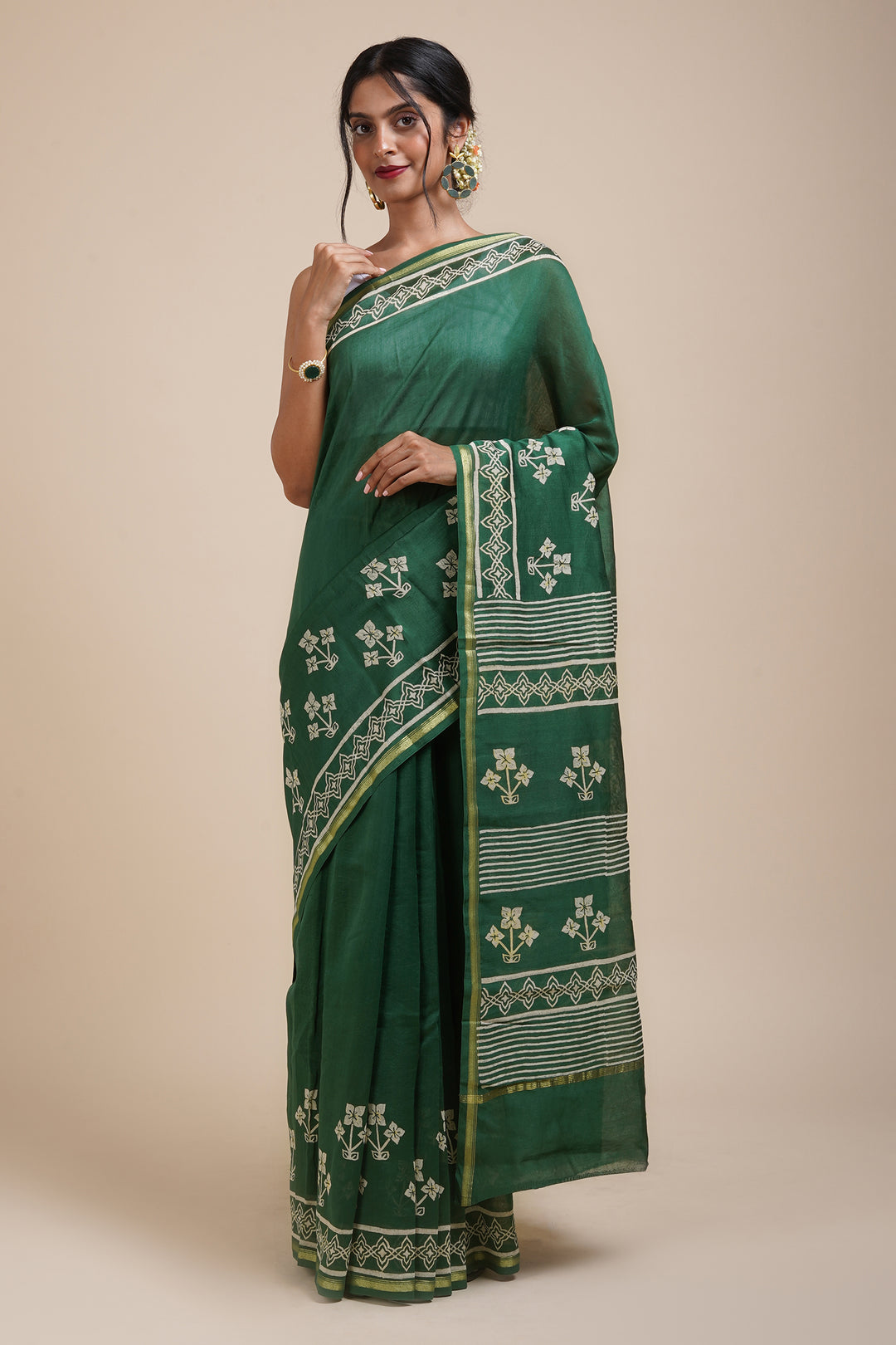 Teejh Green Chilli Bottle Green Block Print Chanderi Silk Saree