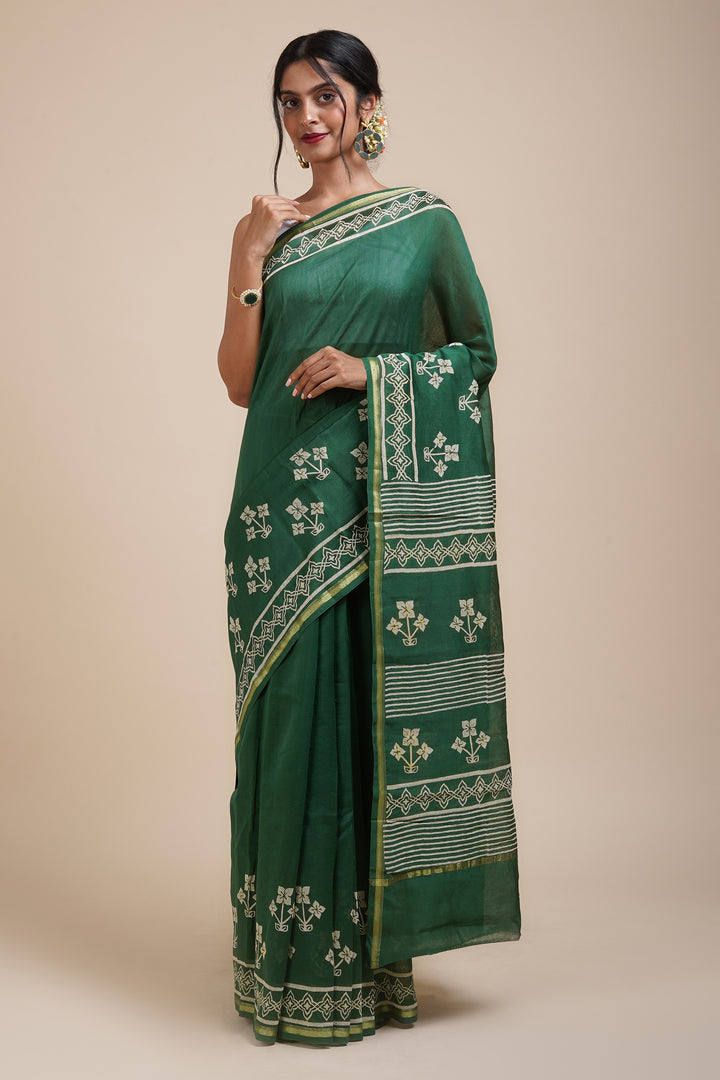 Teejh Green Chilli Bottle Green Block Print Chanderi Silk Saree