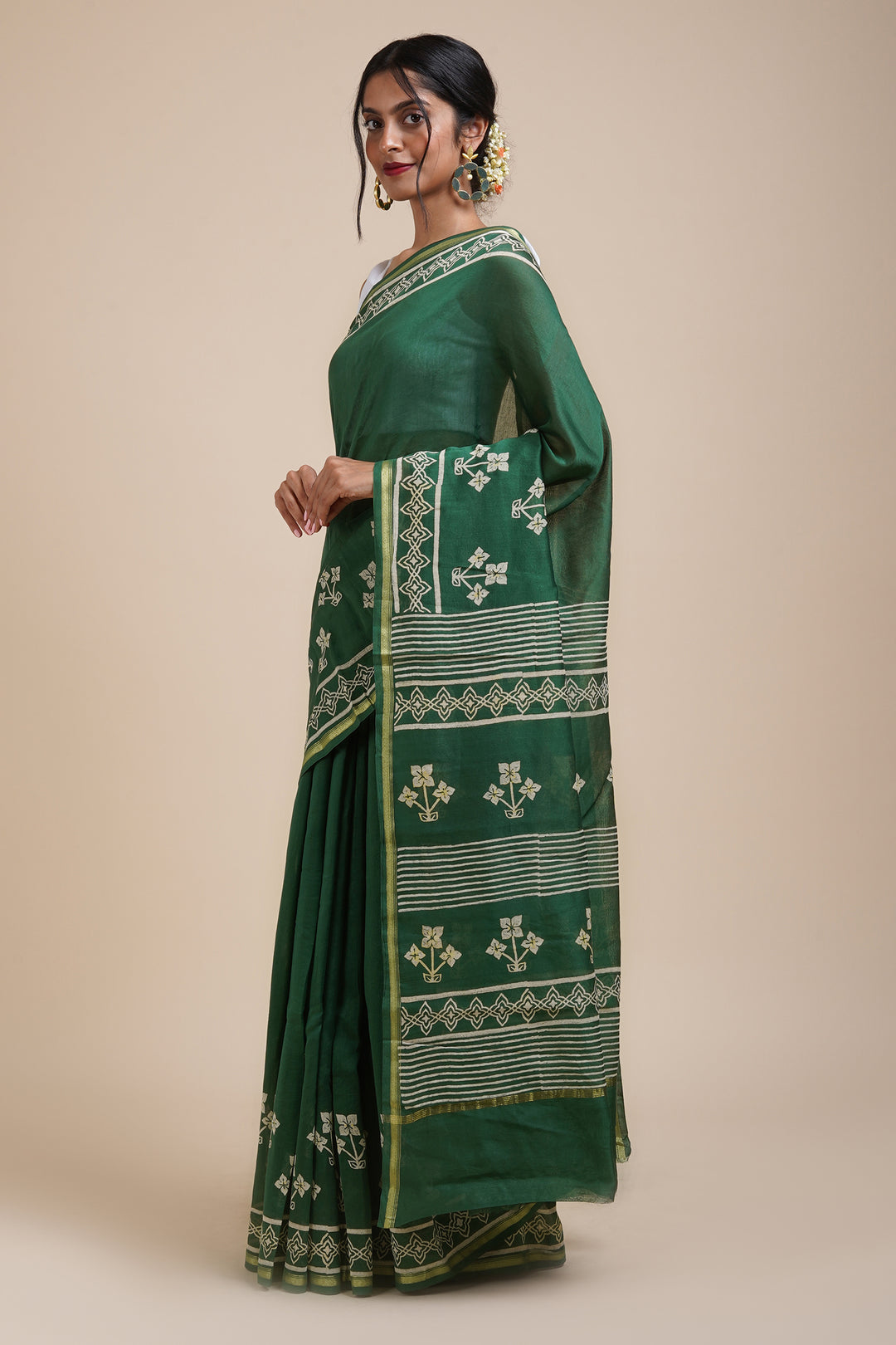 Teejh Green Chilli Bottle Green Block Print Chanderi Silk Saree