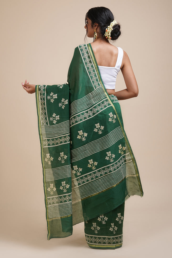 Teejh Green Chilli Bottle Green Block Print Chanderi Silk Saree