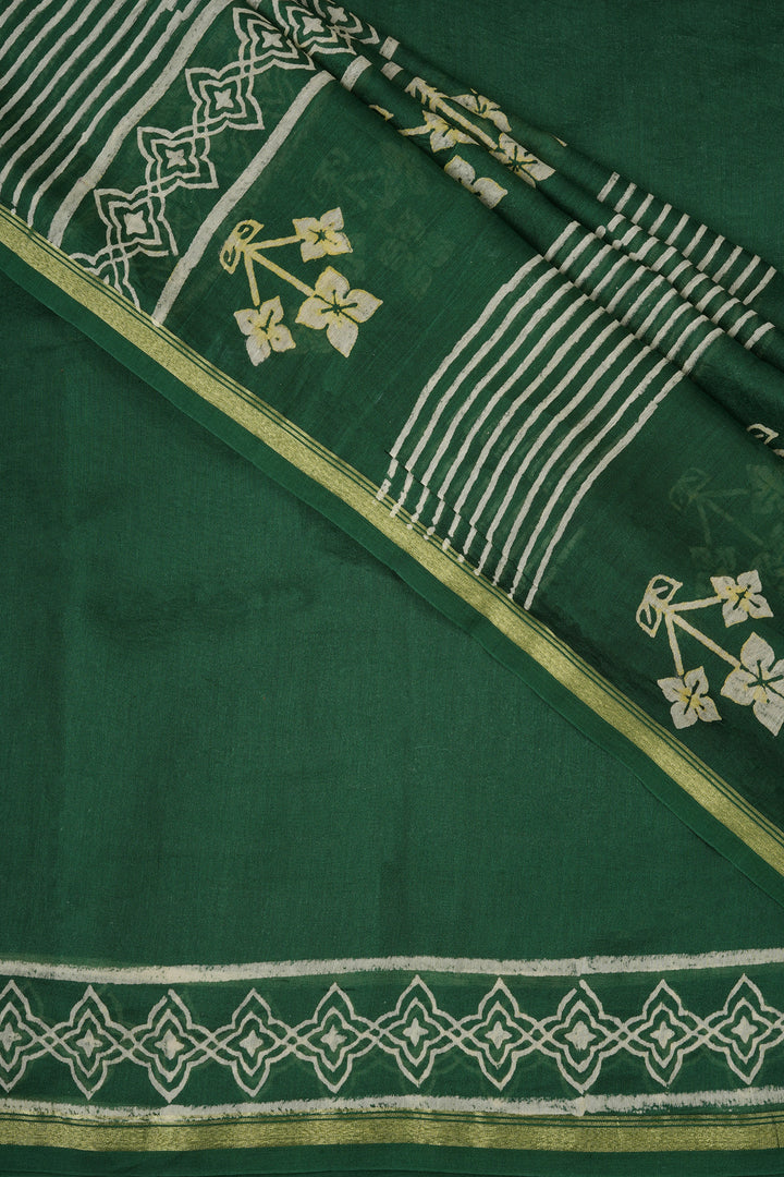 Teejh Green Chilli Bottle Green Block Print Chanderi Silk Saree