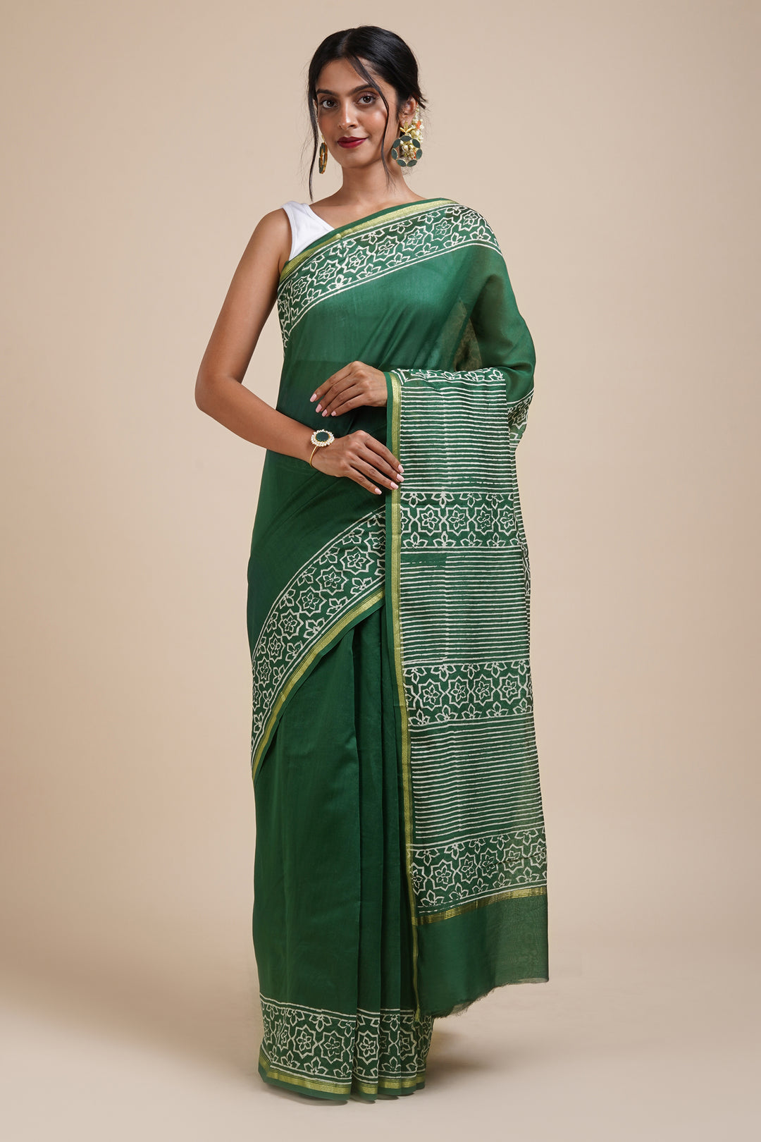 Teejh Chayaa Bottle Green Block Print Chanderi Silk Saree