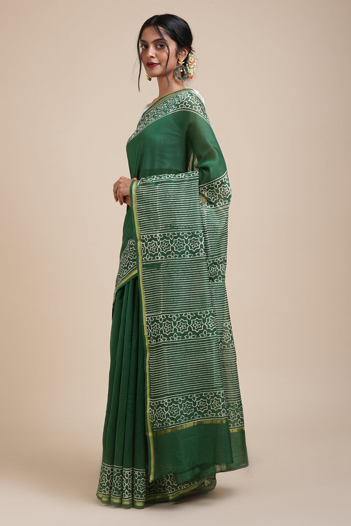 Teejh Chayaa Bottle Green Block Print Chanderi Silk Saree