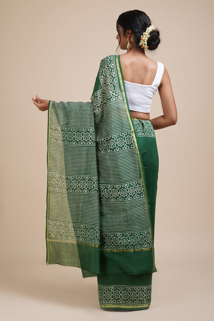 Teejh Chayaa Bottle Green Block Print Chanderi Silk Saree