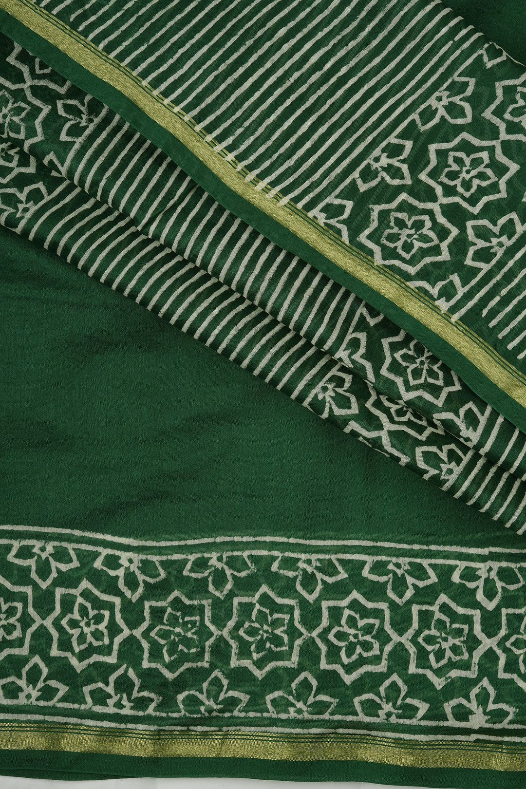 Teejh Chayaa Bottle Green Block Print Chanderi Silk Saree