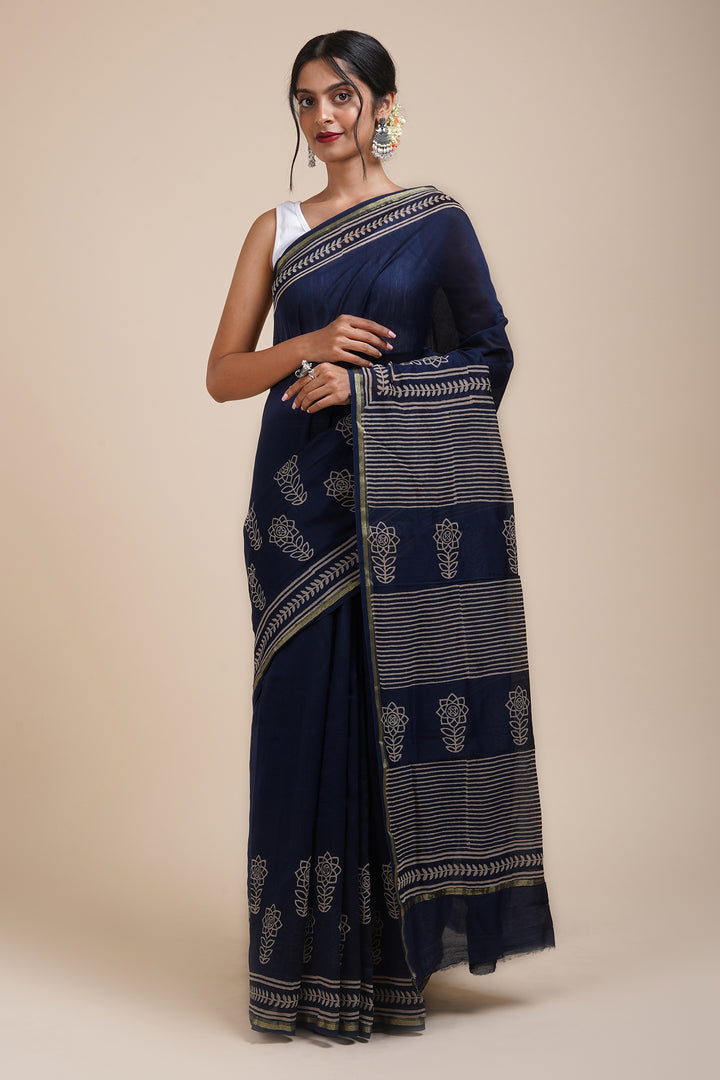 Teejh Dhalti Sham Navy Blue Block Print Chanderi Silk Saree