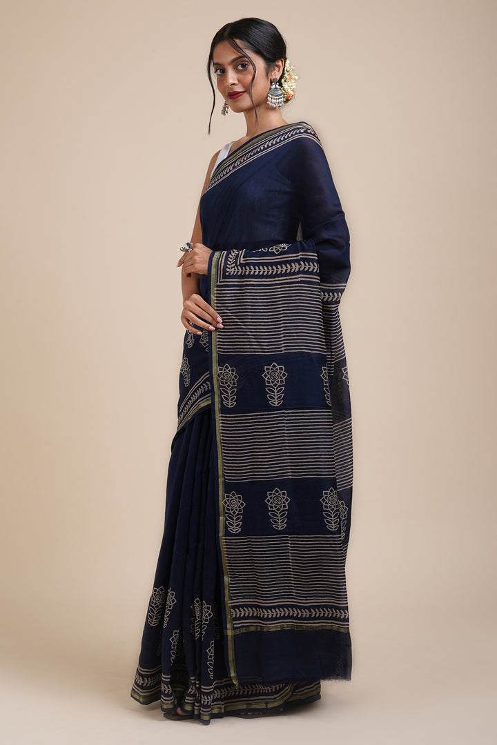 Teejh Dhalti Sham Navy Blue Block Print Chanderi Silk Saree
