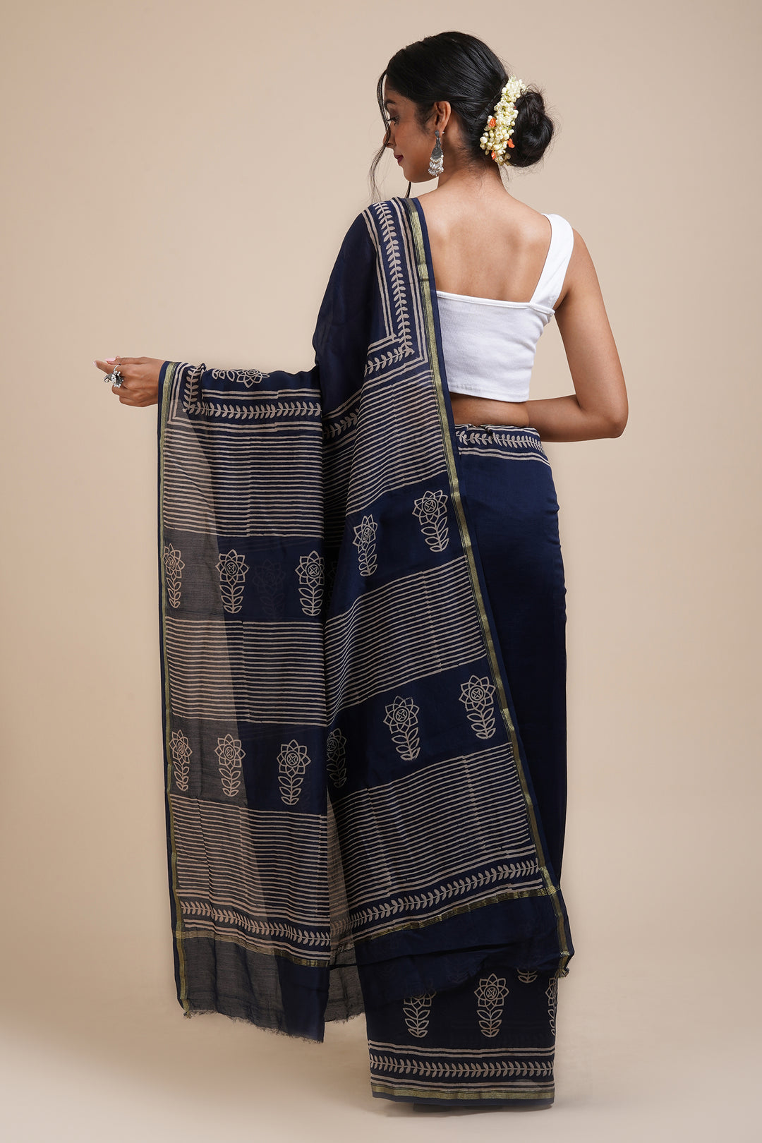 Teejh Dhalti Sham Navy Blue Block Print Chanderi Silk Saree