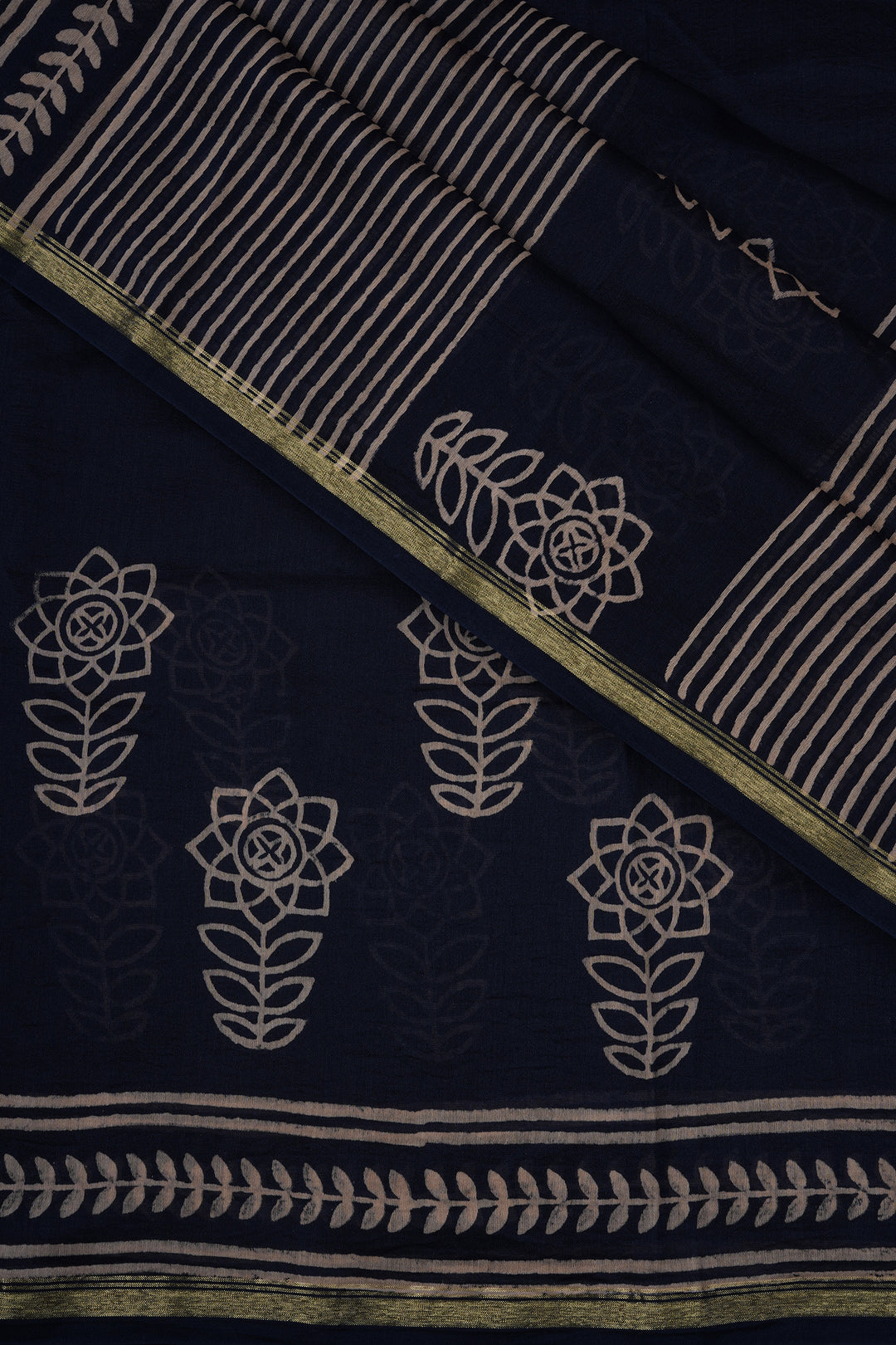 Teejh Dhalti Sham Navy Blue Block Print Chanderi Silk Saree
