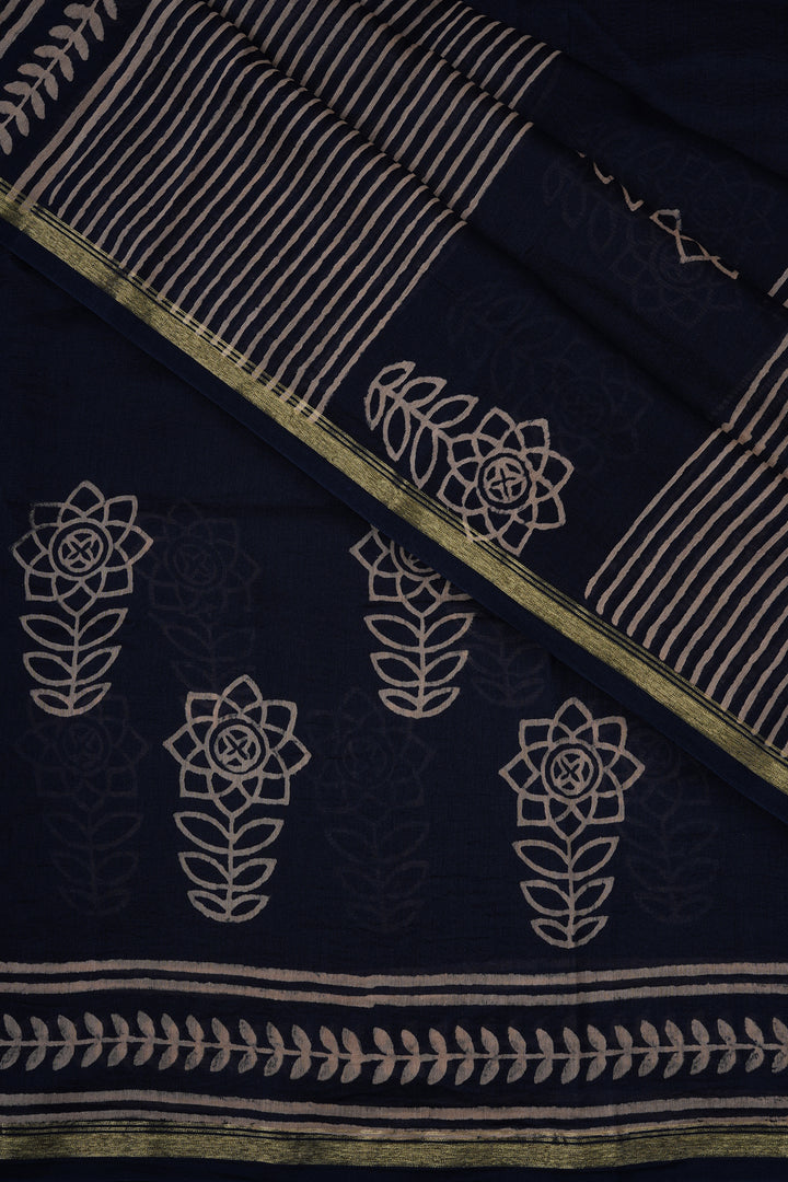 Teejh Dhalti Sham Navy Blue Block Print Chanderi Silk Saree