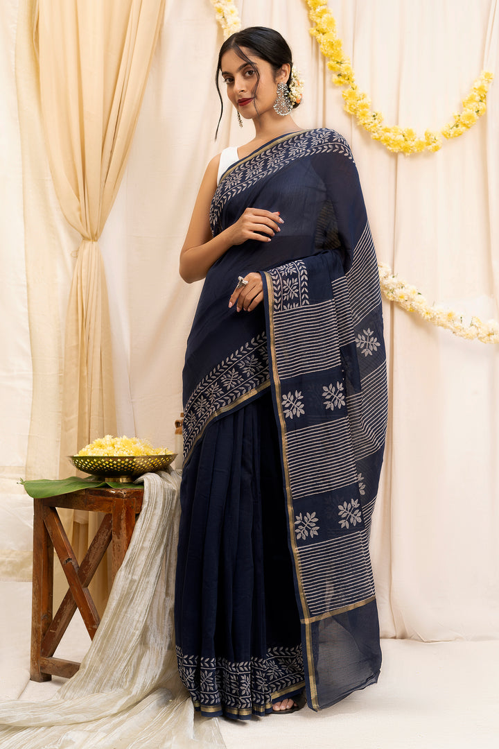 Teejh Saat Samandar Navy Blue Block Print Chanderi Silk Saree