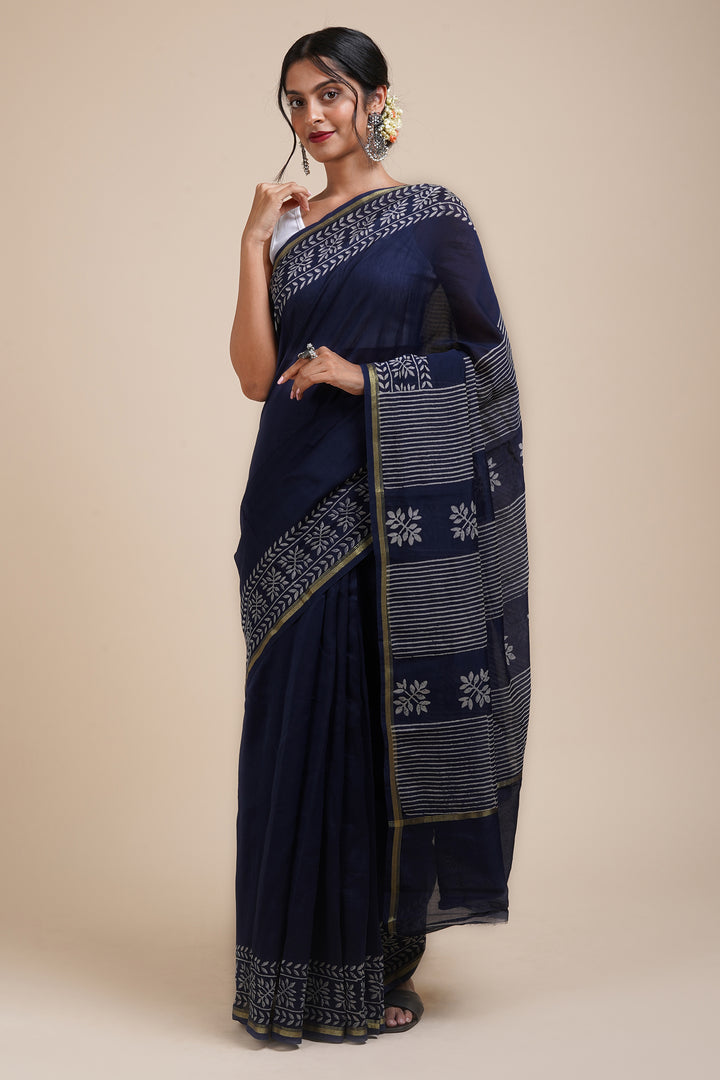 Teejh Saat Samandar Navy Blue Block Print Chanderi Silk Saree