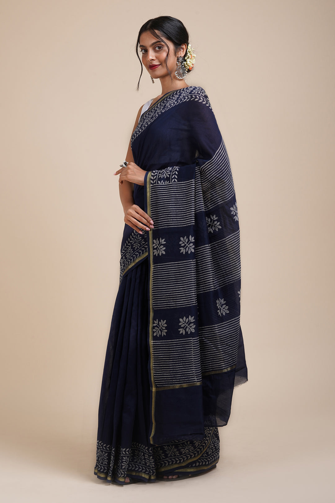 Teejh Saat Samandar Navy Blue Block Print Chanderi Silk Saree