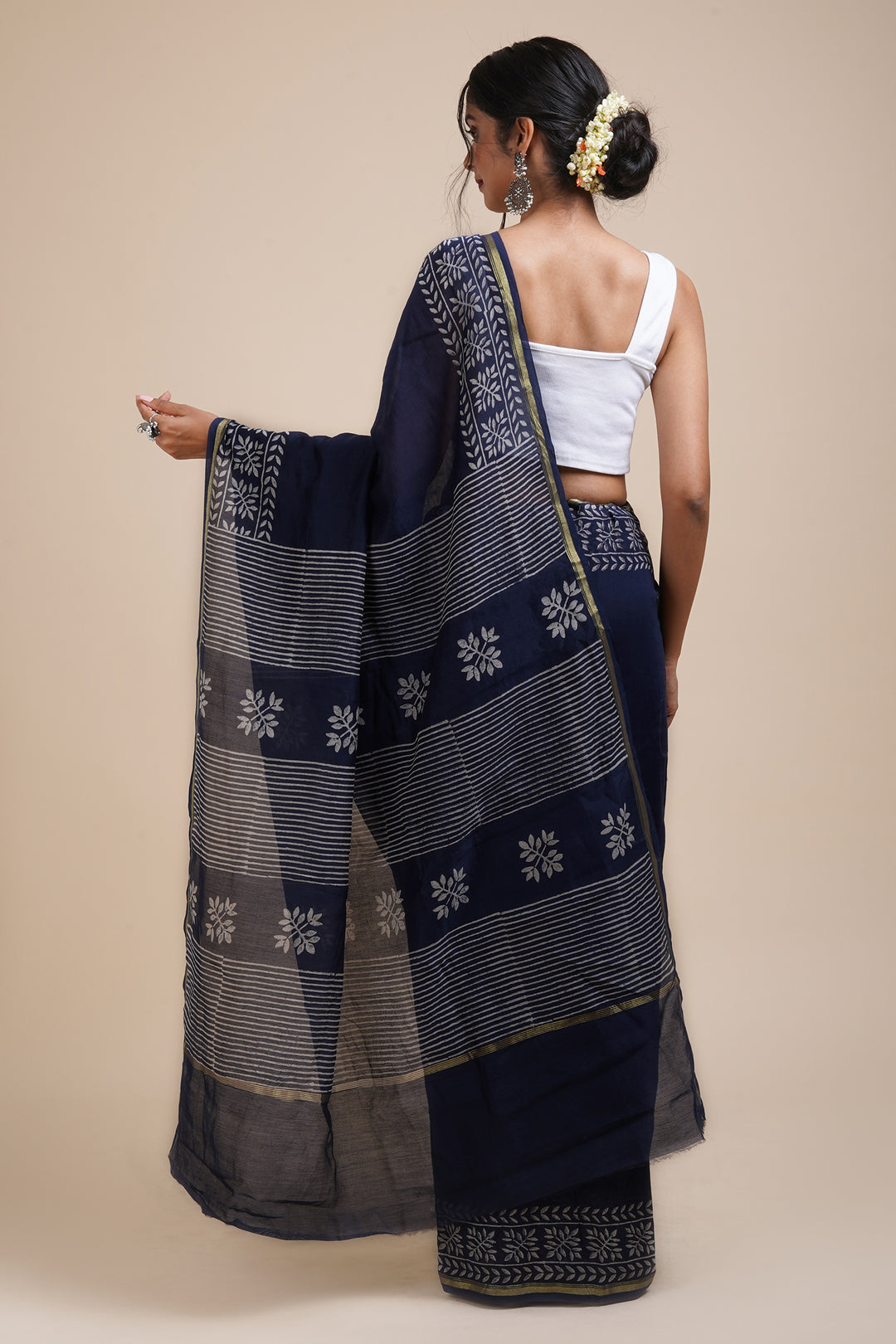 Teejh Saat Samandar Navy Blue Block Print Chanderi Silk Saree
