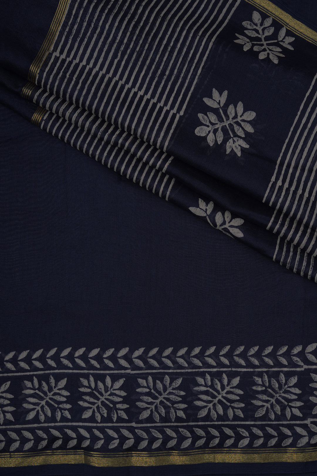 Teejh Saat Samandar Navy Blue Block Print Chanderi Silk Saree