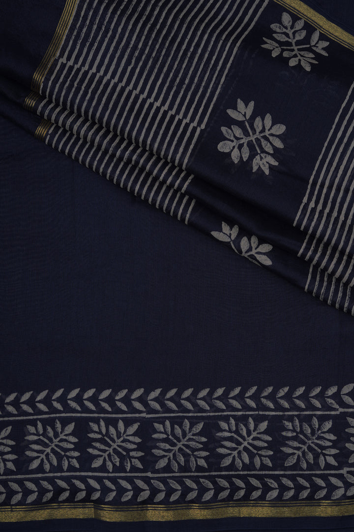 Teejh Saat Samandar Navy Blue Block Print Chanderi Silk Saree