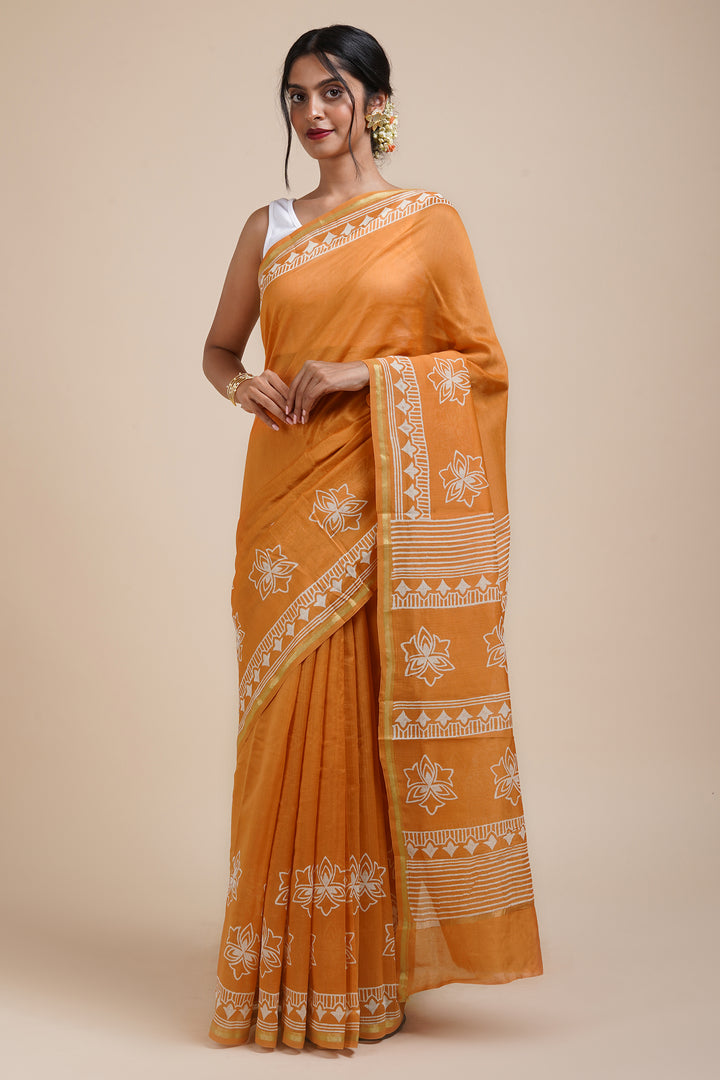 Teejh Sunkissed Mustard Block Print Chanderi Silk Saree